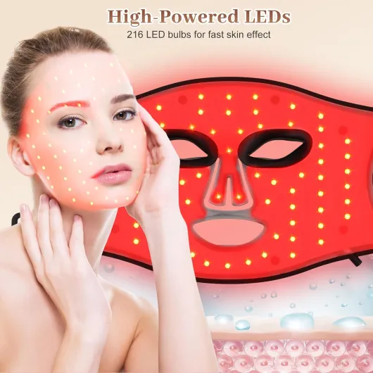 Masque facial à LED, Luckits masque de luminothérapie rouge avec 4 modes d'éclairage et télécommande, 216 ampoules LED, masque de luminothérapie infrarouge flexible en silicone pour visage les rides