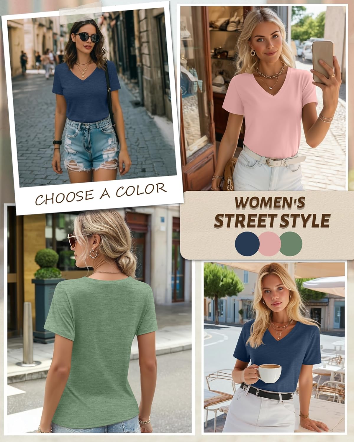 Riyiper Lot de 3 T-Shirts Femme Col V Manches Courtes Été Casual Tendance Coupe Ample Ourlet Droit Basiques Vert Clair, Rose Corail, Bleu Brume XL