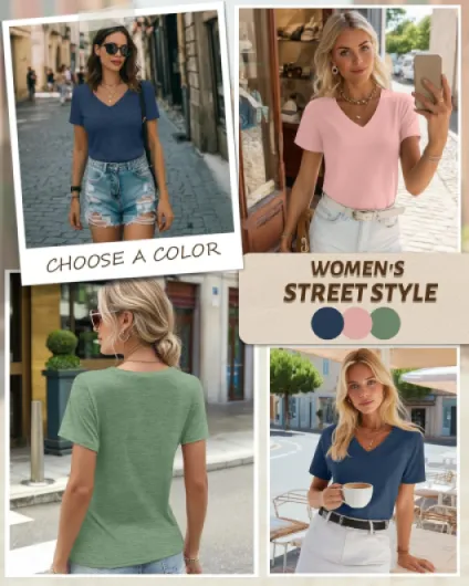 Riyiper Lot de 3 T-Shirts Femme Col V Manches Courtes Été Casual Tendance Coupe Ample Ourlet Droit Basiques Vert Clair, Rose Corail, Bleu Brume XL