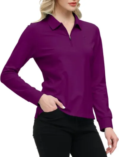 Polo Femme Shirt Manches Longues Coton Sport Polo Golf Tops avec Zippé XL Violet Foncé