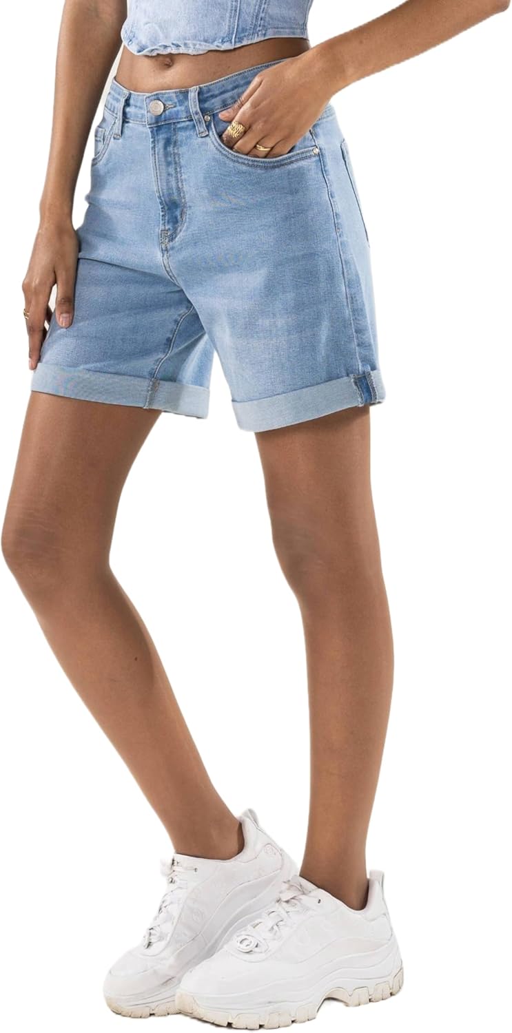 P208 Short en jean taille haute pour femme, look usé, mi-cuisse M Slim Bleu Clair (P208-6)