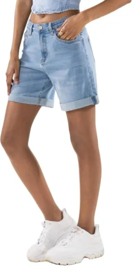 P208 Short en jean taille haute pour femme, look usé, mi-cuisse M Slim Bleu Clair (P208-6)