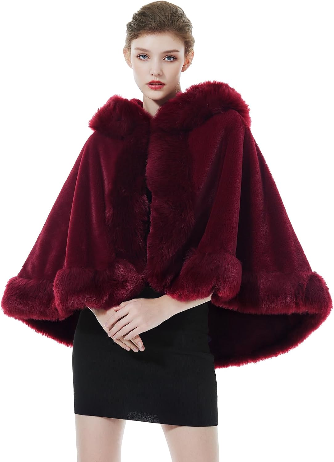 Cape à Capuche Fourrure Poncho Châle Étole Capuchon Manteau Courte de Femme Hiver Mariage Mariée Demoiselle d'honneur Soirée Noël Taille unique Rouge Vineux