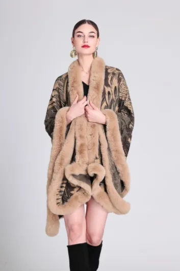 Châle Viking en Fausse Fourrure pour Femme, Cardigan Poncho Oversize en Maille À Plumes avec Col en Fausse Fourrure Camel Et Bordure en Plumes, Cape Luxueuse Et Chaude, Écharpe/Couvertur