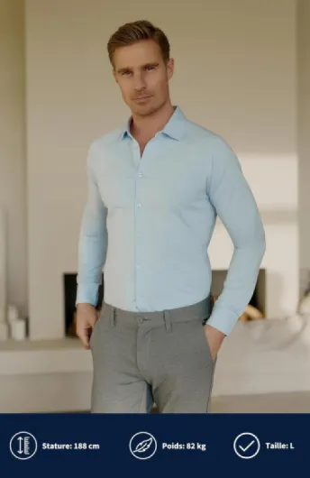 Chemise Homme Slim Fit en Coton Stretch Supima® - Coupe Ajustée Chic et Élégante - sans Repassage – Manches Longues L Bleu Clair