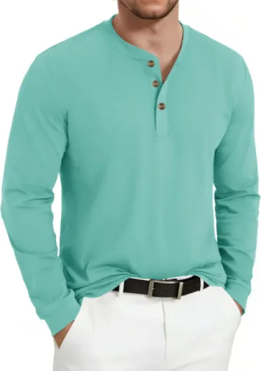 T Shirt Manche Longue Homme Henley Chemise Homme en Coton à 3 Boutons Décontractés Tee Shirt Col V Basiques Vert Gris XL