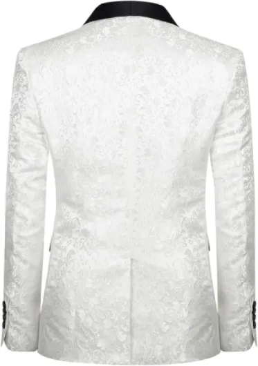 Costume Homme 2 pièces Jacquard Coupe Slim Costumes de Smoking Luxe Formelle Mariage Dîner d'affaires M Blanc