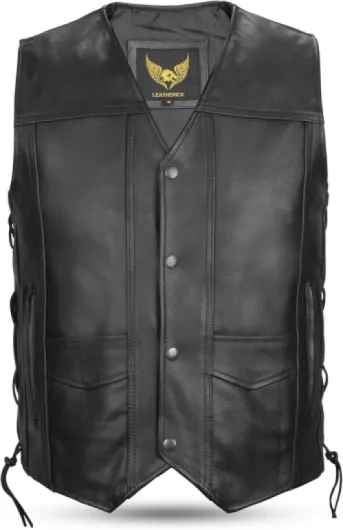 Top-Grain Cuir De Vachette Gilet Cuir Biker en Véritable Pour Hommes Gilet Classique Noir Avec Lacets Latéraux et Poches De Transport Dissimulées M Noir