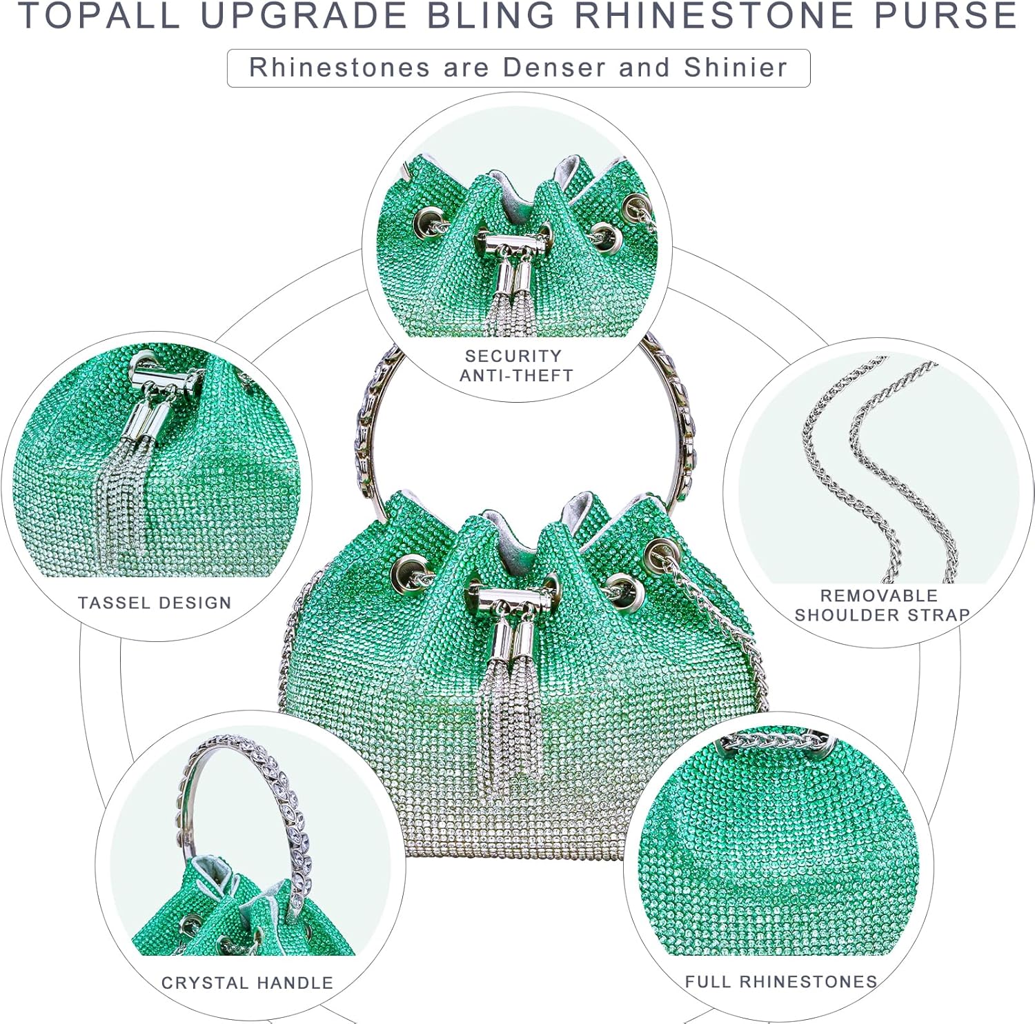 TOPALL Pochette Femme Paillettes - Sac de Soirée Chic Avec Strass - Clutch Tendance pour Cérémonie, Mariage, Parti, Prom L Round-green Large