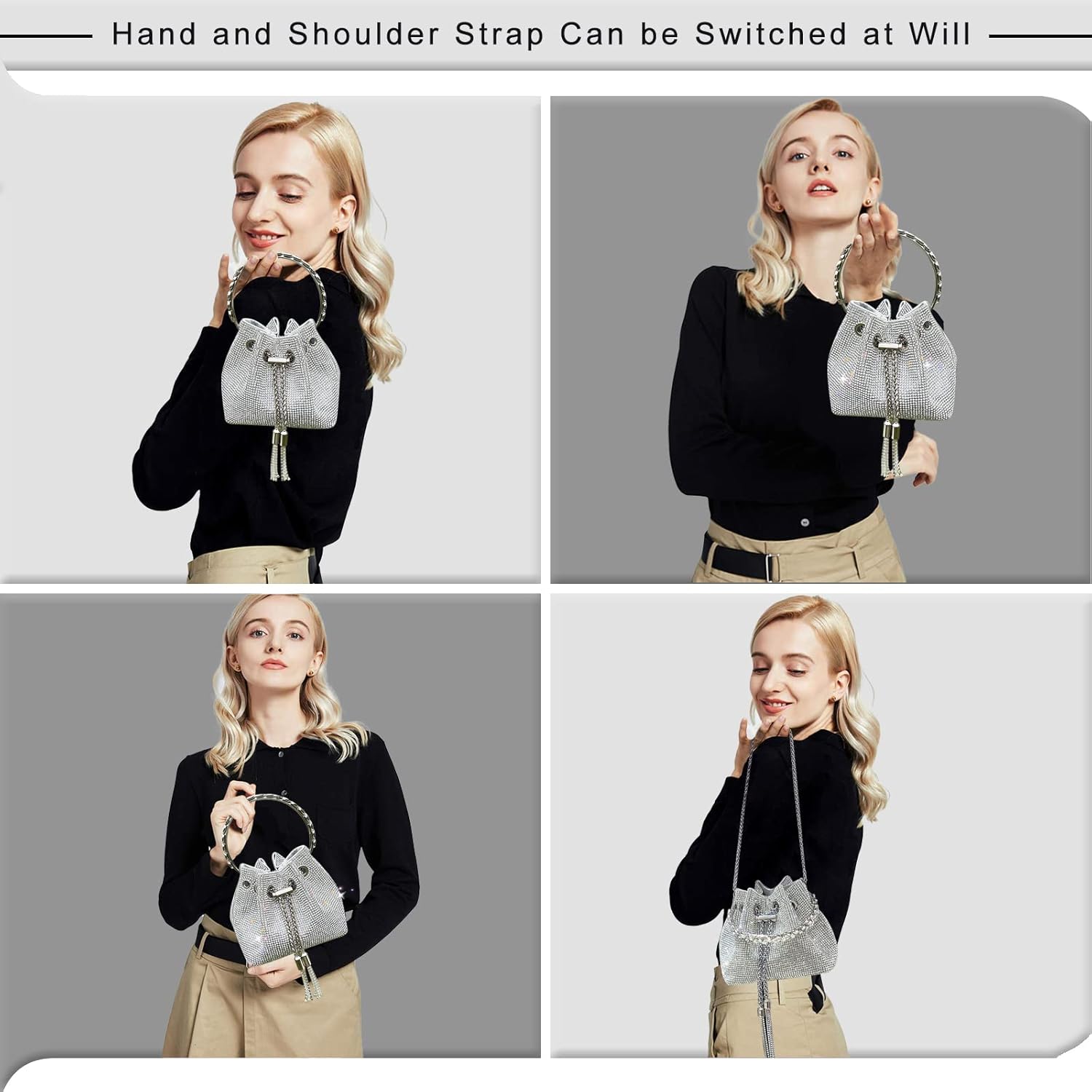 TOPALL Pochette Femme Paillettes - Sac de Soirée Chic Avec Strass - Clutch Tendance pour Cérémonie, Mariage, Parti, Prom L Argenté