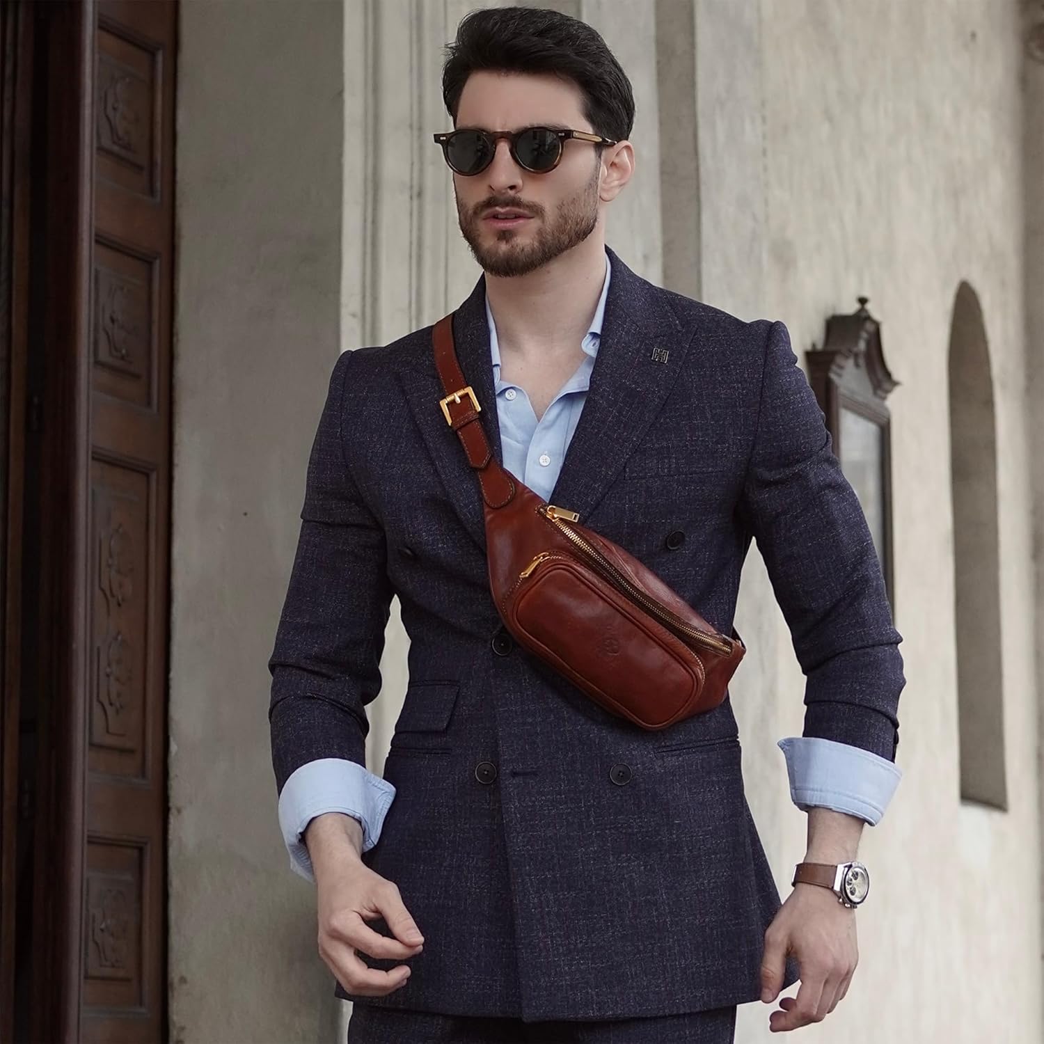 Sac Banane en Cuir Fait Main en Italie - Hommes et Femmes Ceinture Réglable Poche Ventrale Sac Besace Sacoche – Time Resistance Taille unique Cognac