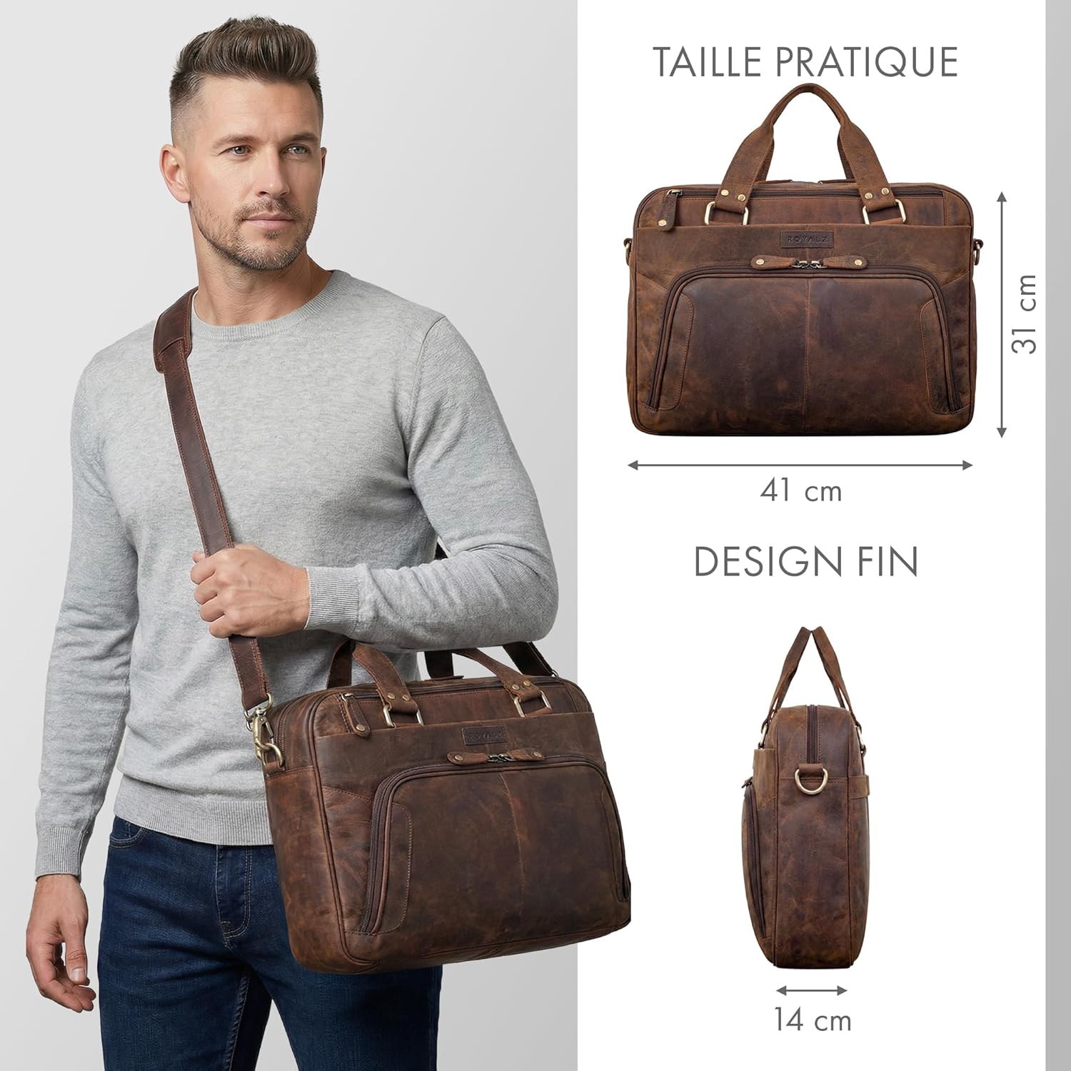 "Chicago Sac à Bandoulière en Cuir pour Ordinateur Portable 14-16 Pouces pour Homme Sac Messenger Grand Porte-Documents Sac à Main Business Vintage Nevada Marron