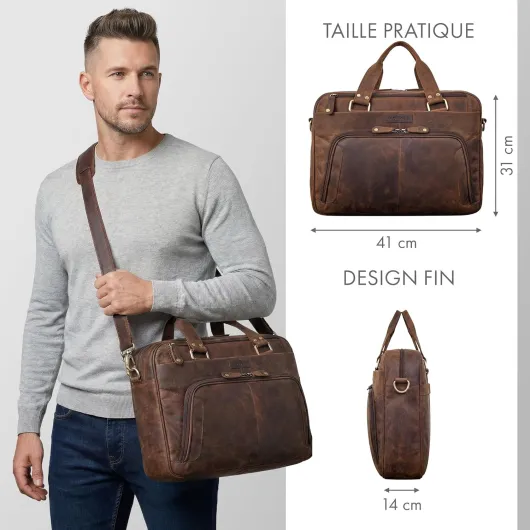 "Chicago Sac à Bandoulière en Cuir pour Ordinateur Portable 14-16 Pouces pour Homme Sac Messenger Grand Porte-Documents Sac à Main Business Vintage Nevada Marron