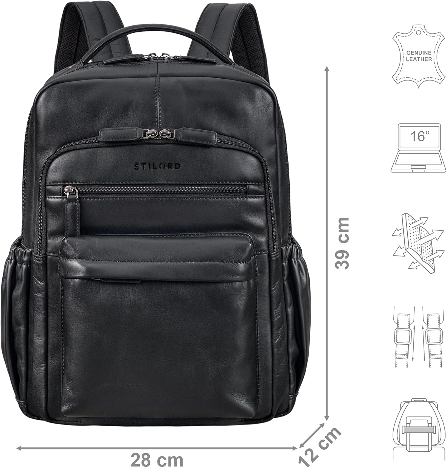 Hiro Premium Sac à Dos pour Ordinateur 16 Pouces Femme Sac à Dos d'affaires Homme Vintage Sac à Dos de Jour en Cuir véritable Couleur:Noir