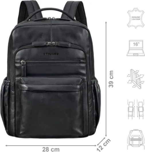 Hiro Premium Sac à Dos pour Ordinateur 16 Pouces Femme Sac à Dos d'affaires Homme Vintage Sac à Dos de Jour en Cuir véritable Couleur:Noir