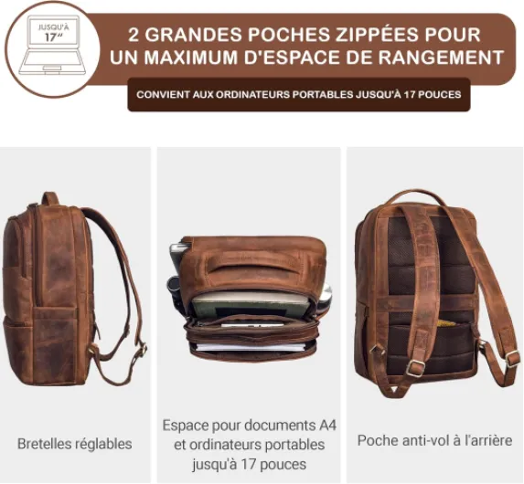 'Thore' Sac à Dos de Luxe pour Ordinateur 17 Pouces Femme Sac à Dos d'affaires Homme Vintage Sac à Dos de Jour en Cuir véritable, Couleur:Marron Moyen