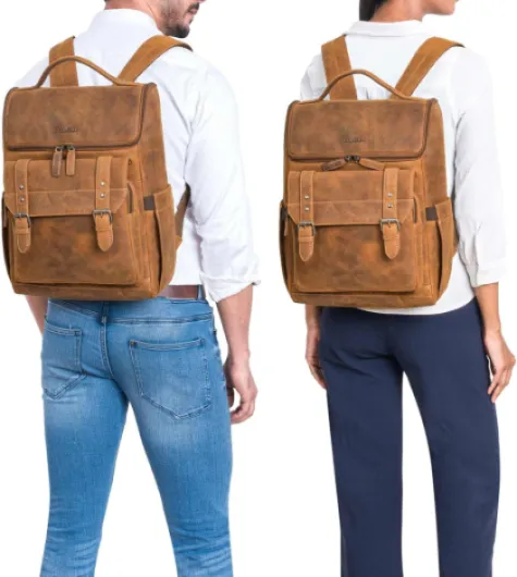 'Gian' Sac à dos de luxe pour ordinateur 16 pouces Femme Sac à dos d'affaires Homme Vintage Sac à dos de jour en cuir véritable Bergamo - Marron