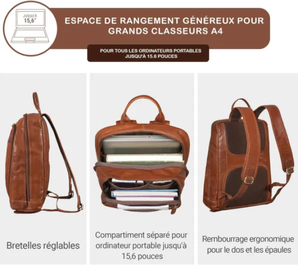 Watson Sac à Dos pour Ordinateur Portable 15,6 Pouces Cuir Backpack Grand Sac à Dos d'affaires Vintage Sacs de Bureau XL en Cuir Véritable Couleur:maraska - Marron