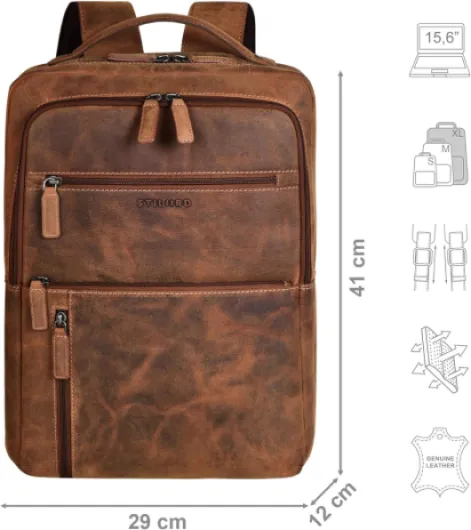 'Brad' Cuir Sac à Dos pour Ordinateur Portable 15.6 Pouces Vintage Business Backpack Hommes Femmes Grand Sac a dos pour travail bureau et voyages Bergamo - Marron