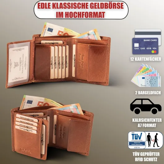 Portefeuille pour homme #VIGO en cuir avec boîte cadeau élégante, portefeuille élégant pour homme avec protection RFID, portefeuille de luxe pour homme, nombreux compartiments pour cartes Marron Konjak