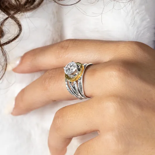 Bague mixte en métal bicolore pour femme – Fil de zirconium – Argent sterling 925 et or 14 carats sur argent – Anneau sculptural avec zircone ronde – Design hypoallergénique Cristal CZ 9