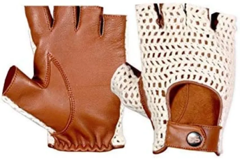 Gants Mitaines de Conduite Homme en Cuir de Vachette et Crochet en Coton Tricoté Style Luxe Rétro Vintage - Gants Sans Doigts Ajustables pour Voiture Moto Vélo Cyclisme Marron Camel XL