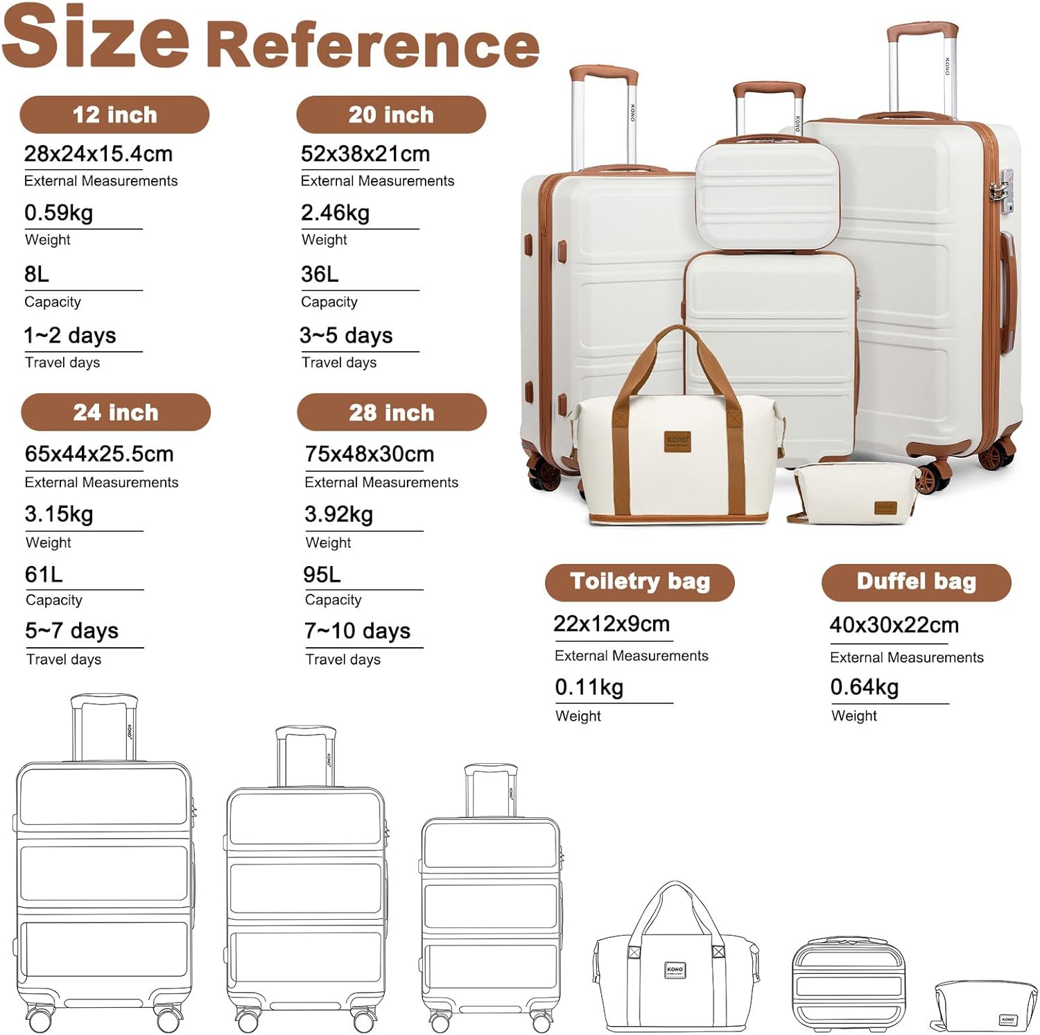 Set de 6 Valises de Voyage Rigide (55/65/74cm) à 4 roulettes, avec Vanity Case, Sac de Voyage Pliable pour Le Sport et Trousse de Maquillage, Blanc Crème Blanc Set de 6 Valises