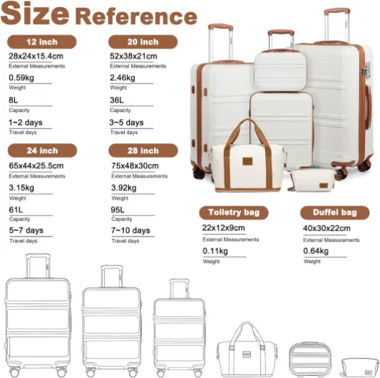 Set de 6 Valises de Voyage Rigide (55/65/74cm) à 4 roulettes, avec Vanity Case, Sac de Voyage Pliable pour Le Sport et Trousse de Maquillage, Blanc Crème Blanc Set de 6 Valises