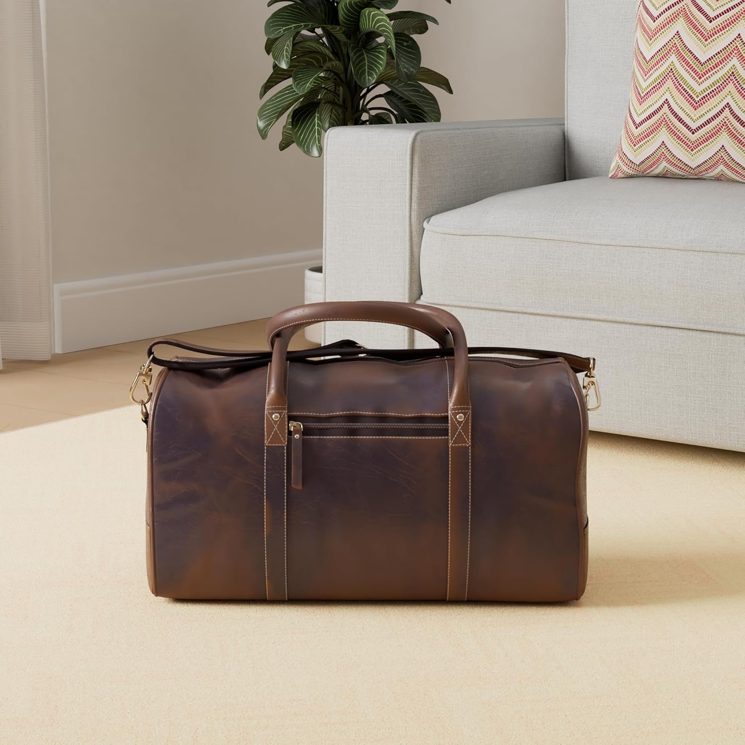 KomalC Sac de sport en cuir de 61 cm pour homme et femme, sac de voyage, sac de week-end, sac de sport pour homme, marron, 24 inches, Marron vieilli