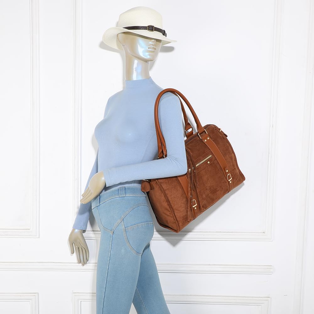 Grand Sac Bowling En Bandoulière Femme - Sac à Main Cabas Fourre-Tout Travail Cours Format A4 - Similicuir Suédine Souple - Chic Tendance Marron