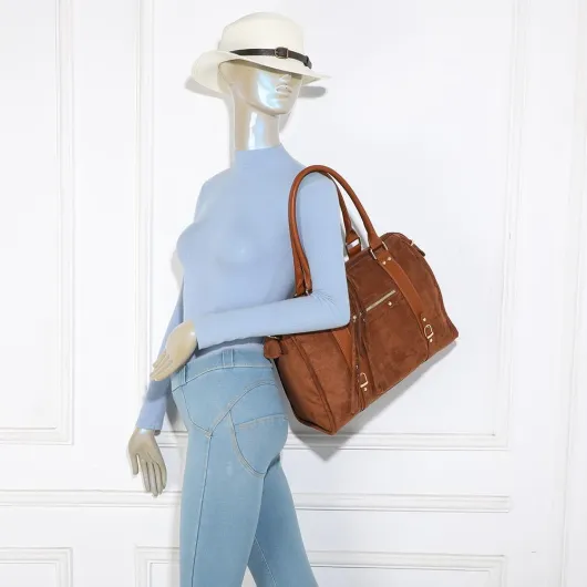 Grand Sac Bowling En Bandoulière Femme - Sac à Main Cabas Fourre-Tout Travail Cours Format A4 - Similicuir Suédine Souple - Chic Tendance Marron