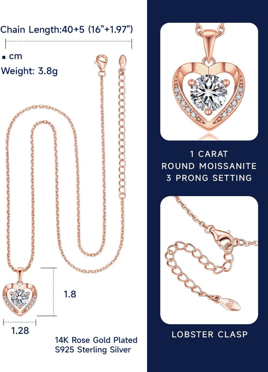 MomentWish Collier Femme Argent 925, 1-2 Carats Moissanite Diamant Collier avec Pendentif Cœur Cadeau pour la Saint-Valentin(Argent/Or Rose/Or) Argent (Silver)