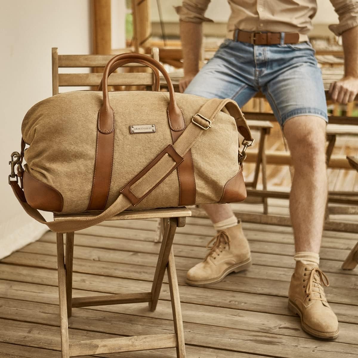 Sac De Voyage Classique 'David' (L) - Grand Sac Weekend Homme, Toile, Cuir, Extensible, Design Safari Vintage, 60L - Kaki-Beige, DR00116 Kaki-beige - L
