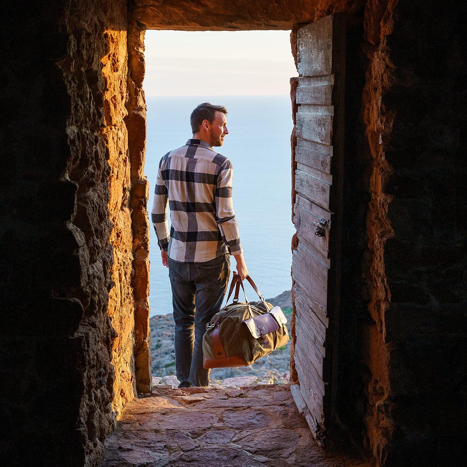 Sac de voyage 'Steve' - Gran sac de week-end et de sport, weekender safari, XL bagage à main au design vintage-rétro, femme, homme, fait main durable, toile, cuir, 60L, vert olive, DR00124 Vert-olive