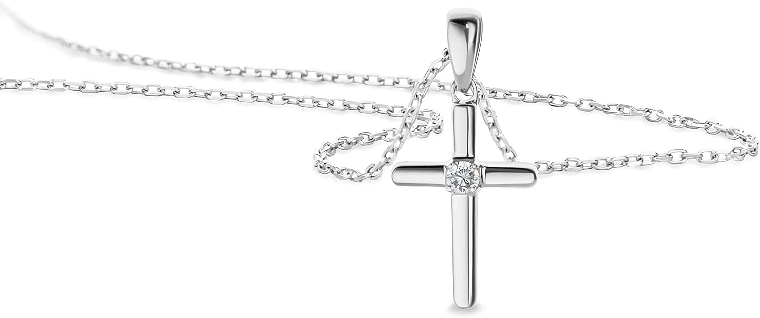 Collier Croix - Or Blanc 9 Carats (375)- Collier Femme/Homme, Pendentif Croix et Diamant naturel, Chaine en Or 45 cm, Bijoux Femme, Bijou Hypoallergénique, Fait Main- avec Boite a Bijoux