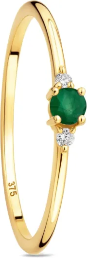 Bague en or pour femme avec saphir/améthyste/rubis/émeraude/topaze et 2 diamants 0,03 carat, bague trilogie bague de fiançailles en or jaune 9 carats (375) émeraude 56