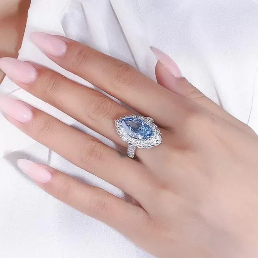 Bagues en Diamant, Bague en Or 925, Diamant Rose Aigue-Marine 9 x 18 mm, for Femme, Bijou de Mariage étincelant(10) A 10