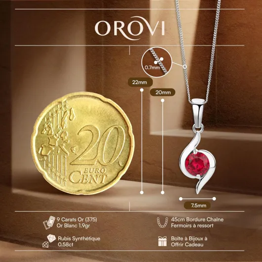 Collier Femme Or Blanc 9 Carats 375 avec Pierre Precieuse Émeraude/Rubis/Saphir/Topaze en forme ronde, Bijoux Femme Or Hypoallergéniques- Pendentif et Chaîne 45 cm Fait à la Main 9 carats or blanc rubis