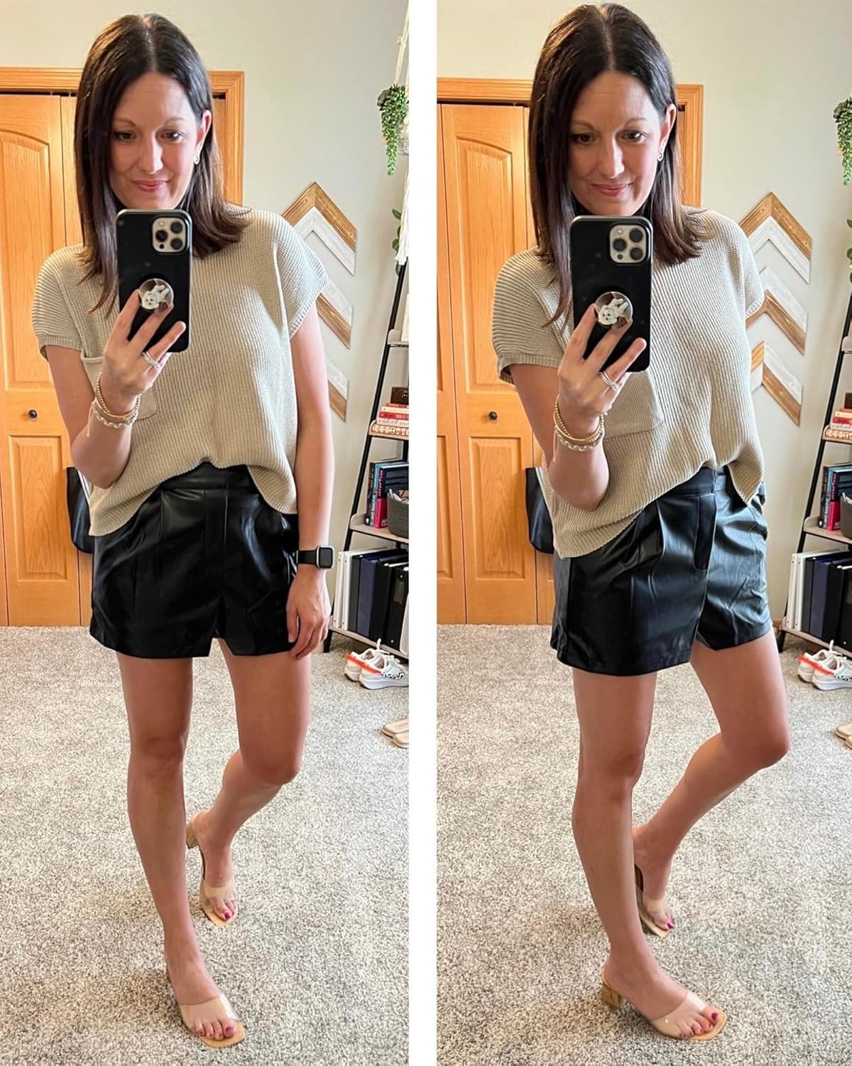 Luvamia Short en cuir synthétique pour femme, taille haute, plissé, jambe large, extensible, avec poches, pantalon en cuir synthétique S Noir
