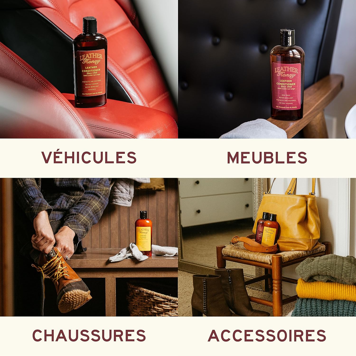 LEATHER Honey Kit d’Entretien du Cuir - Conditionneur Cuir (236ml), Nettoyant Cuir (236ml) & 2 Chiffons Applicateurs pour Vêtements, Meubles, Intérieurs de Voiture, Chaussures, Sacs en Cuir
