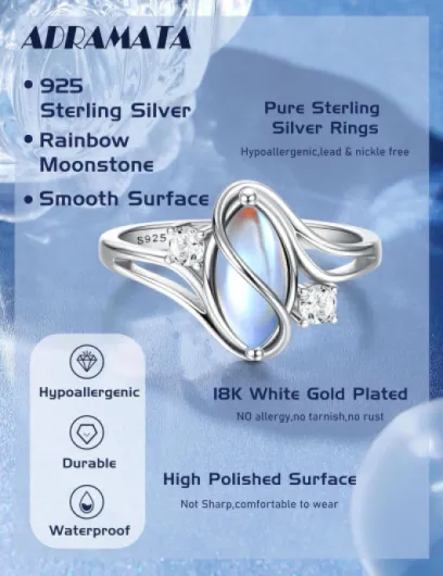 Bague en Pierre de Lune en Argent 925 Bagues Pierre Naturelle Fantaisie Bagues de Pouce de Déclaration à la Main Bague Femme Argent 925 54