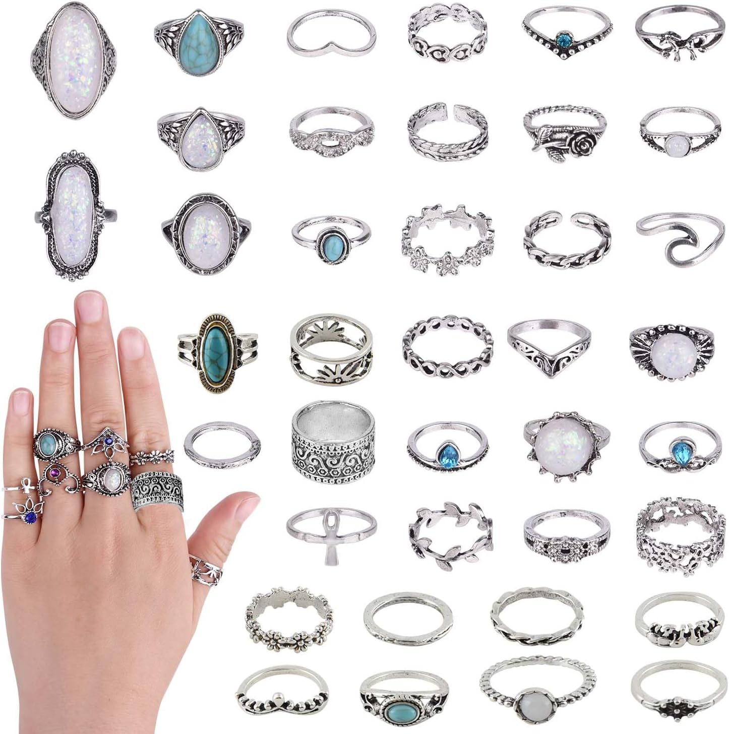 Lot de 46 bagues vintage punk - Style bohème - Empilables - Pour phalanges - Bijoux rétro - Cadeau pour filles et femmes
