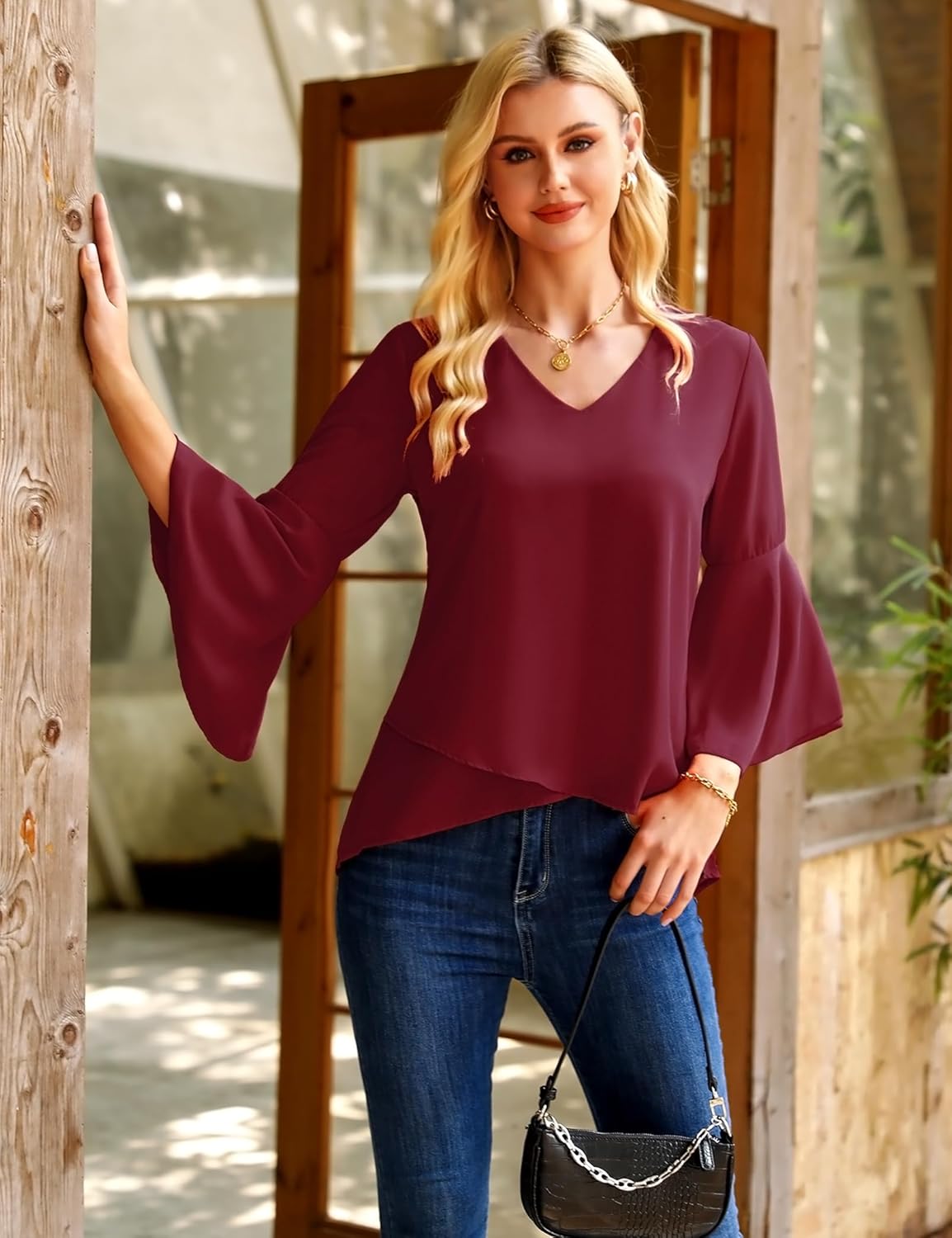 Fluide Tunique Mousseline Blouse Femme Chic Et EléGant Chemise Col V Longue Manches 3/4 Tunic Shirt XXL B bordeaux