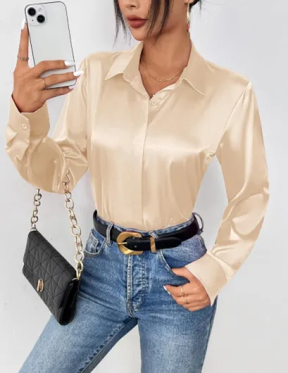 Chemisier Femme Satin à col en V La Soie Élégante Blouse Chic Manches Longues Chemise Boutons Ample à Manches Longues Chemisier de Soirée Business Top L Beige