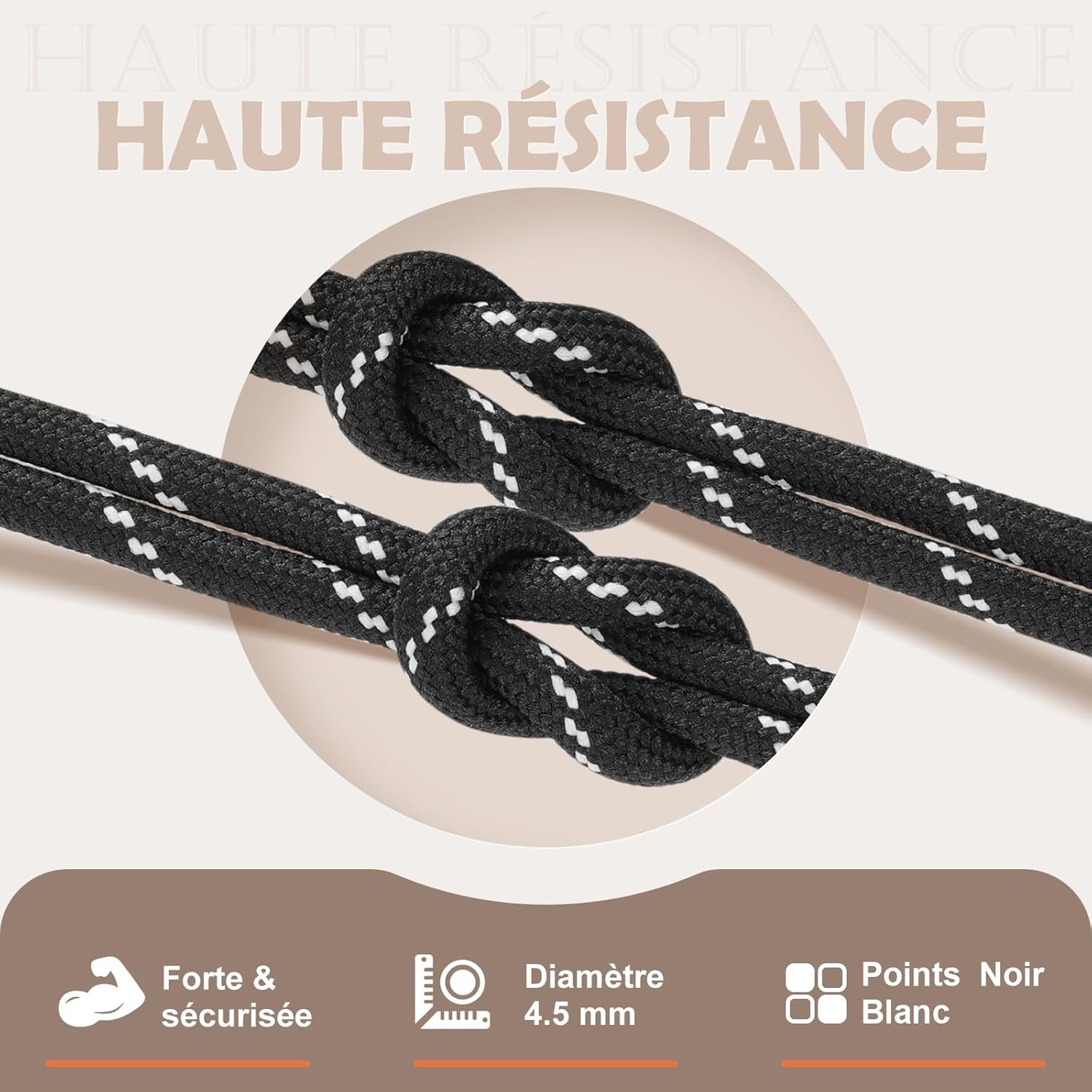 Lacets Ronds pour Bottes [2 Paires] Lacets Renforcés et Résistants pour Bottines, Chaussures de Randonnée, Chaussures de Travail 120 Points: Noir Blanc