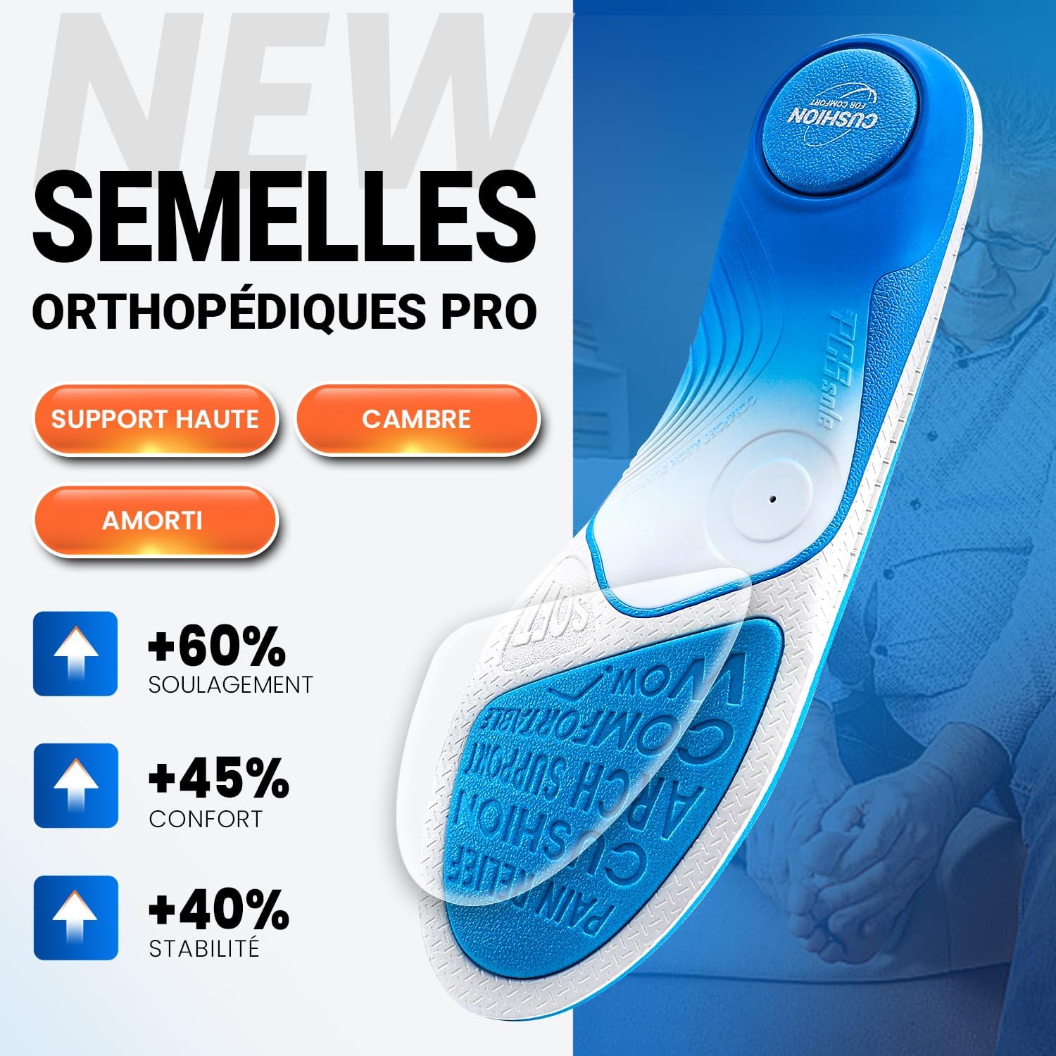 Semelles Orthopédiques Nouvelle Génération - Support d'Arche Intensité Élevée 110kg+ pour Fasciite Plantaire, Pronation, Pieds Plats et Douleur au Talon - Maximales Amorti & Confort EU43-44(27.8cm) Bleu-nouveau