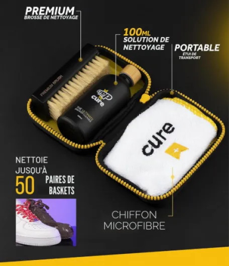 Kit de CURE - Kit de nettoyage de baskets haut de gamme, avec brosse, solution (100 ml), chiffon en microfibre et pochette réutilisable