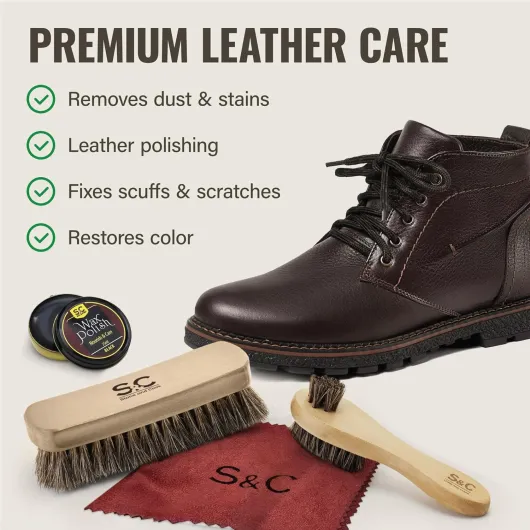 Stone & Clark Kit de cirage et d’entretien 12PC, Kit de cirage pour chaussures en cuiravec cire marron, Brosses pour cirage de chaussure, Chiffon à lustrer et chausse pied avec étui en cuir PU Marron Fonce